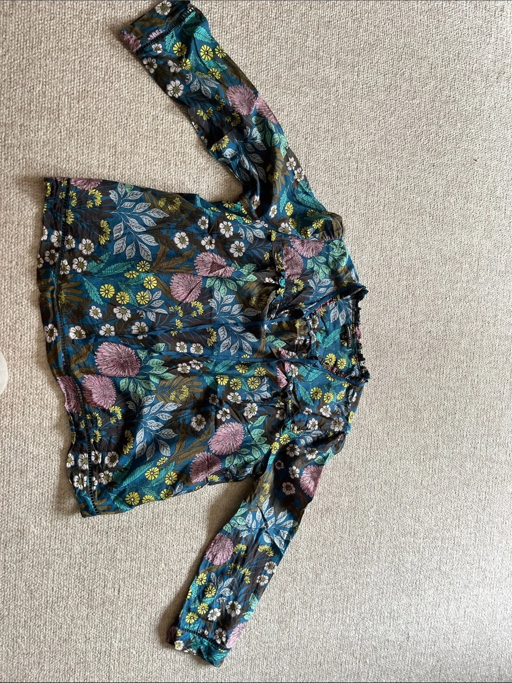 J. Crew Teal Floral Ruffle-Neck Blouse with Purple and Yellow Accents